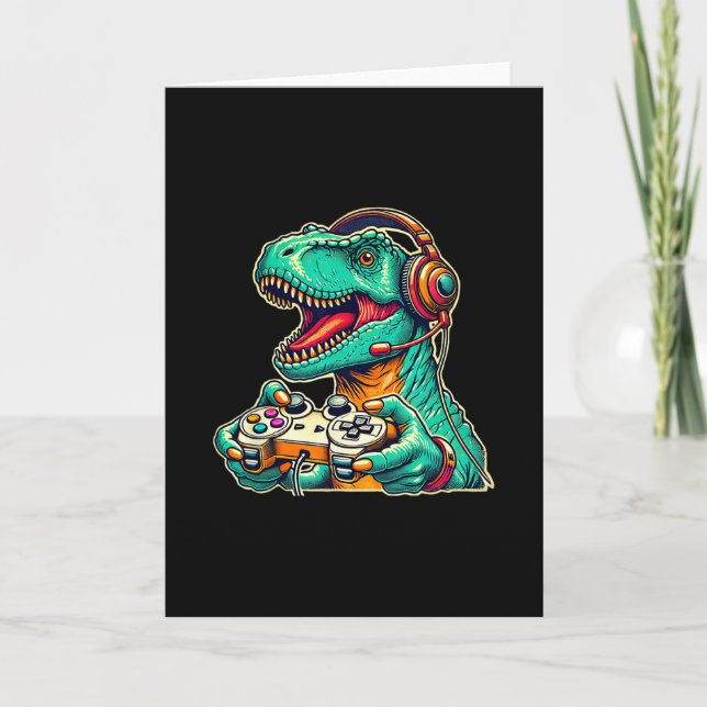 Cartão T-rex Jogando Com Headset Dinossauro Engraçado Grá (Frente)