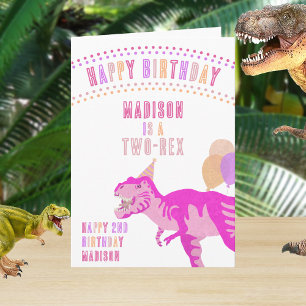 Cartão T-Rex Rosa Qualquer Idade Dinossauro Feliz Anivers