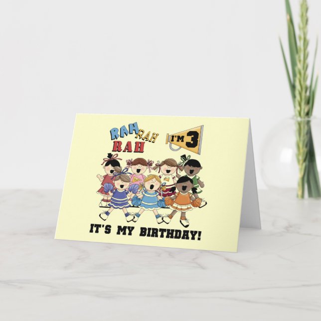 Cartão T-shirts e cheerleader de aniversário de 3 anos (Frente)