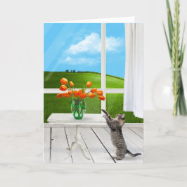 Cartão Tabby Cat com Buquê de Tulipas Laranja