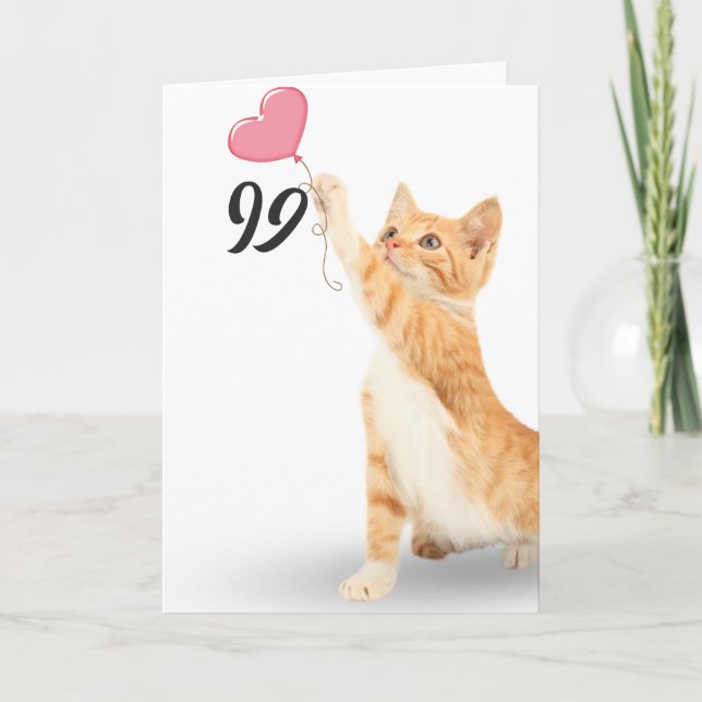 Cartão Tabby cat de 99.º aniversário com balão de coração (Frente)