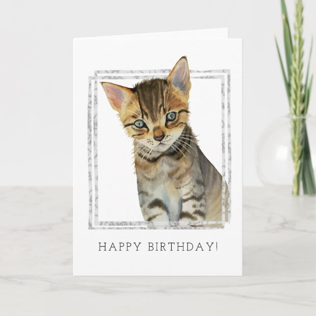 Cartão Tabby Cat Watercolor | Feliz aniversário (Frente)