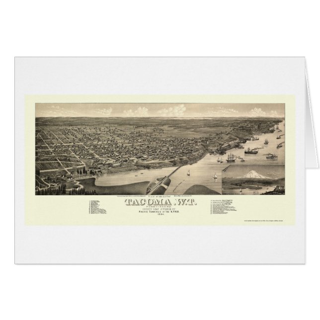 Cartão Tacoma, mapa panorâmico de WA - 1884 (Frente Horizontal)