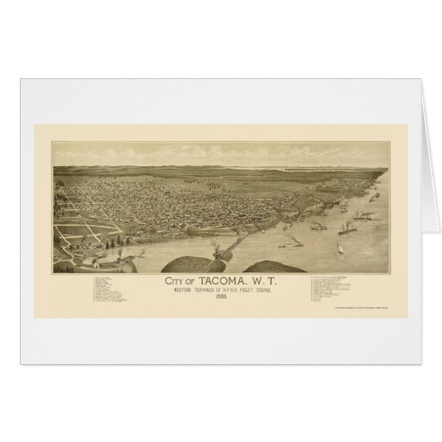 Cartão Tacoma, mapa panorâmico de WA - 1885 (Frente Horizontal)