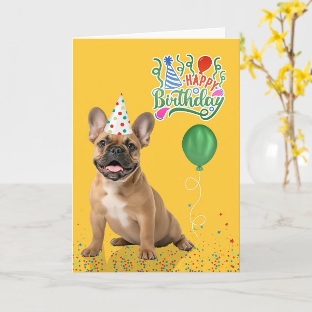 Cartão Tan French Bulldog Party Hat Yellow Birthday (Flor Amarela)