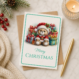 Cartão Tarjeta de Navidad con imagen de osito y regalos