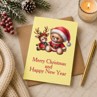 Cartão Tarjeta de Navidad con imagen de osito y reno.