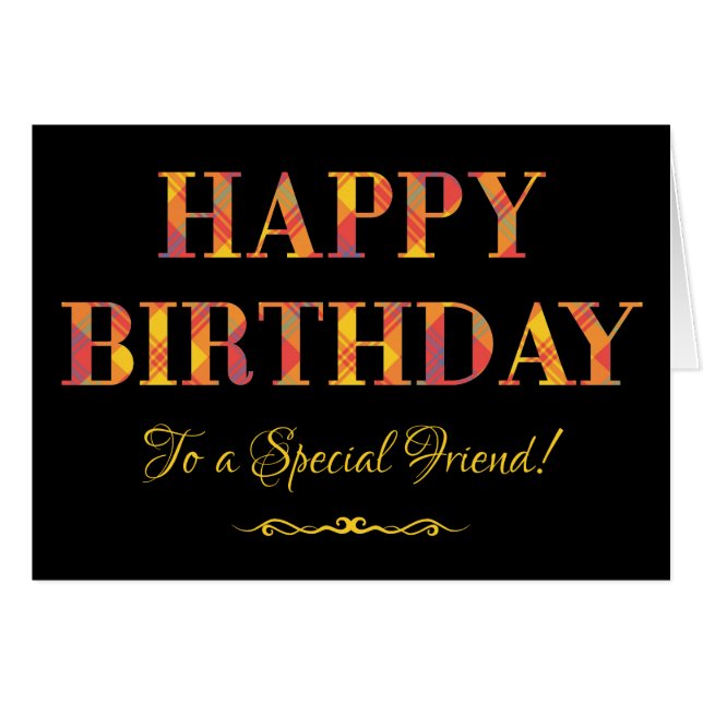 Cartão Tartan amarelo no aniversário preto para o amigo (Frente Horizontal)