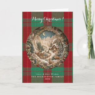 Cartão Tartan xadrez verde e vermelho Natal em papercut 3