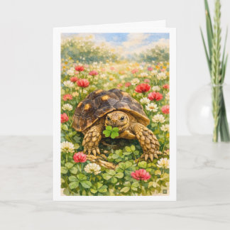 Cartão Tartaruga de aniversário feliz em aquarela com tre