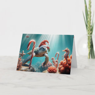 Cartão Tartaruga Do Mar De Natal Com Canas Doces
