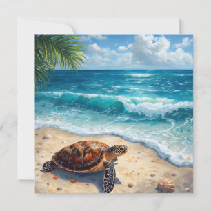 Cartão Tartaruga Marinha em Aquarela na Praia Tropical Ar