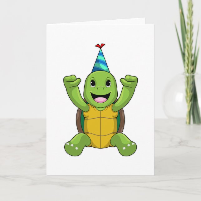 Cartão Tartaruga no aniversário com chapéu de festa (Frente)