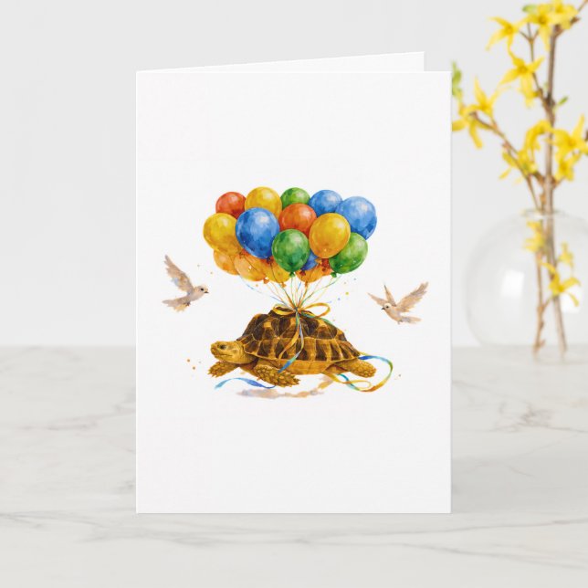 Cartão Tartaruga Sulcata voadora de aniversário com balõe (Flor Amarela)