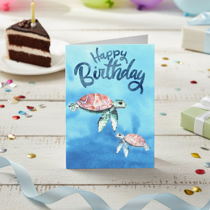 Cartão Tartarugas Marinhas em Aquarela Feliz Aniversário