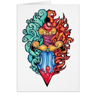 Cartão Tatuagem do punhal de incêndio e água