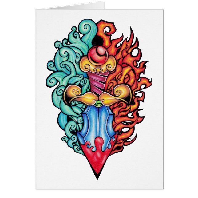 Cartão Tatuagem do punhal de incêndio e água (Frente)