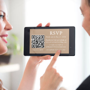 Cartão Taupe de Casamento Simples Minimalista RSVP QR