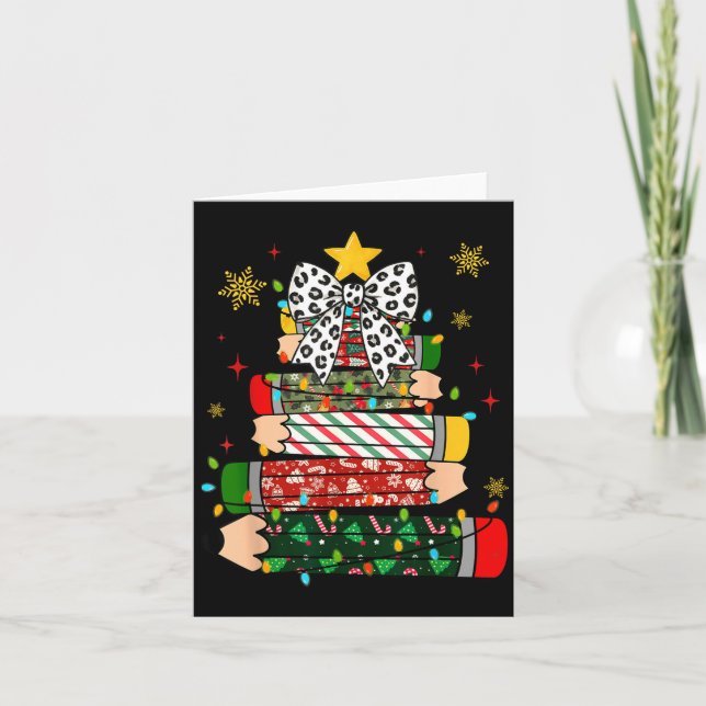 Cartão Teacher Christmas Tree Lights Pencil Leopard Print (Frente)
