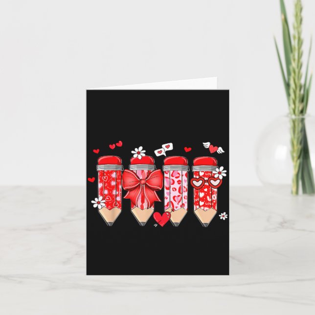 Cartão Teacher Valentine Coquette Bow Pencil Teacher Vale (Frente)