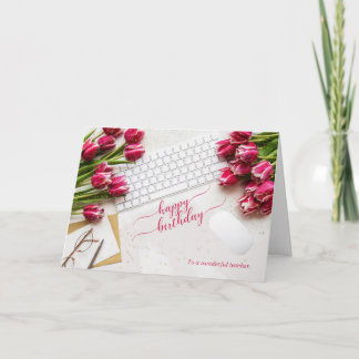 Cartão Teacher's Birthday Pink Tulips and Desktop
