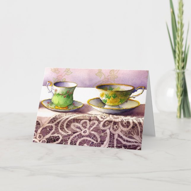 Cartão Teacups 0001 no Dia de as mães de rendas (Frente)