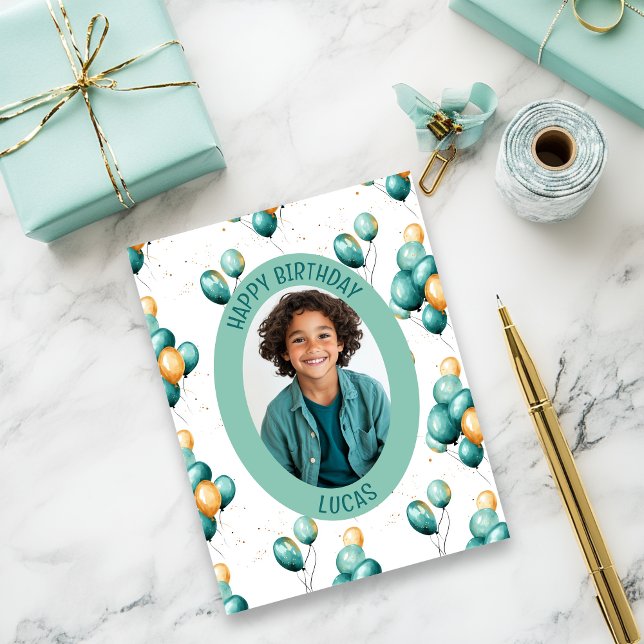 Cartão Teal Balloons - Foto padrão (Teal faux gold balloons birthday card)