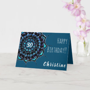 Cartão Teal Blue Birthday Nome personalizado Mandala Desi