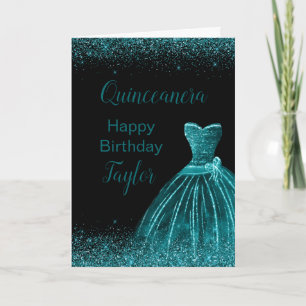 Cartão Teal Blue Dress Faux Glitter Quinceanera