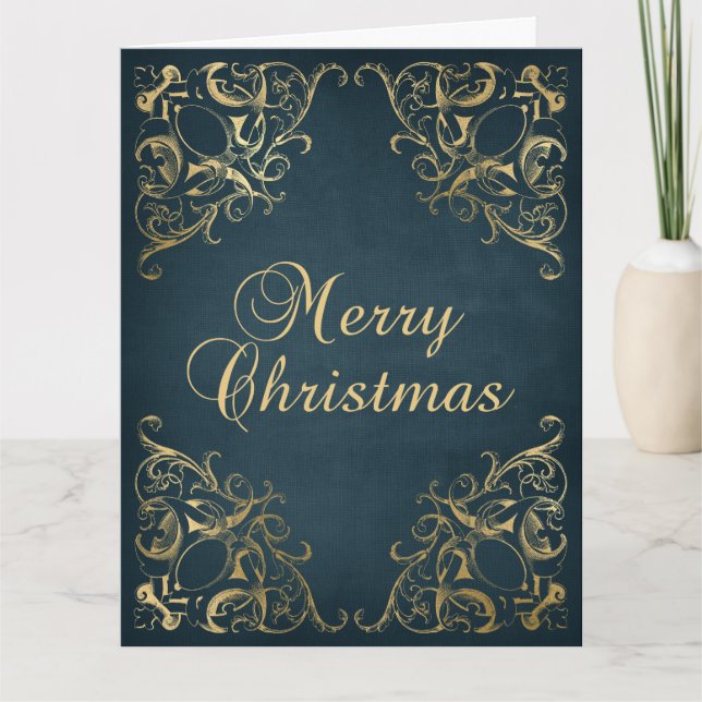 Cartão Teal Blue Faux Gold Ornate Border Merry Christmas (Frente)