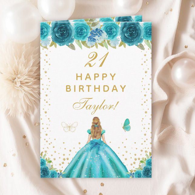 Cartão Teal Floral Blona Hair Girl Happy Birday (Criador carregado)
