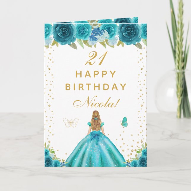 Cartão Teal Floral Blonde Hair Girl Birthday (Frente)