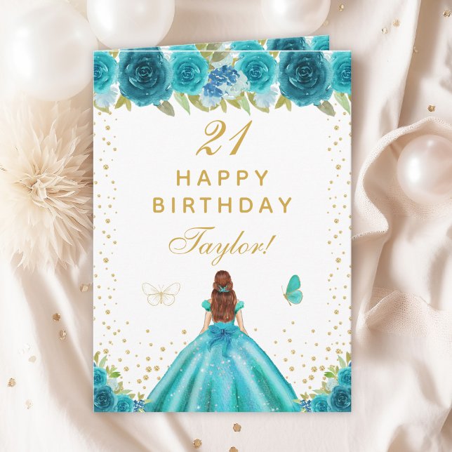 Cartão Teal Floral Brown Hair Girl Happy Birday (Criador carregado)