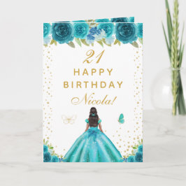 Cartão Teal Floral Dark Skin Girl Birthday