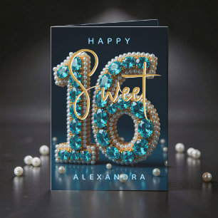 Cartão Teal Pedra Preciosa e Pérola Glam Aniversário de 1