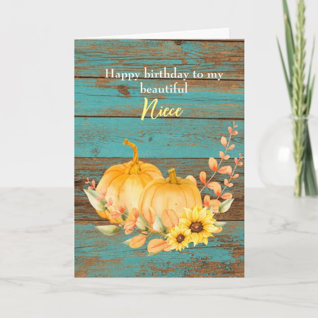 Cartão Teal Wood Sunflower Pumpkin Call Aniversário Niece (Frente)