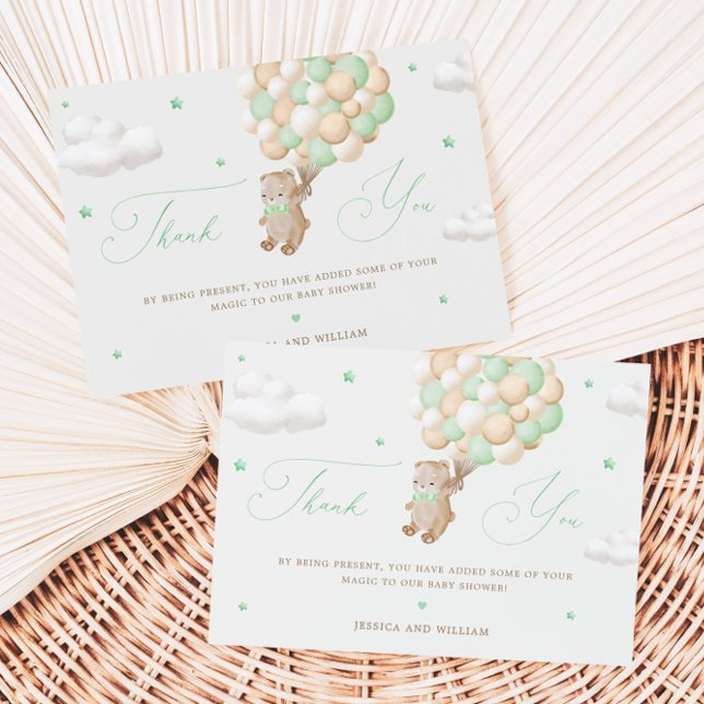 Cartão Teddy Bear com Balões Verdes Obrigado (Criador carregado)