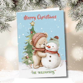 Cartão Teddy Bear e Snowman Árvore de Natal