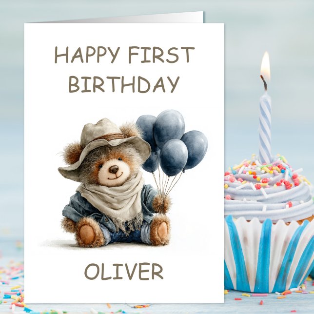 Cartão Teddy Bear with Balloons 1st Birthday (Criador carregado)