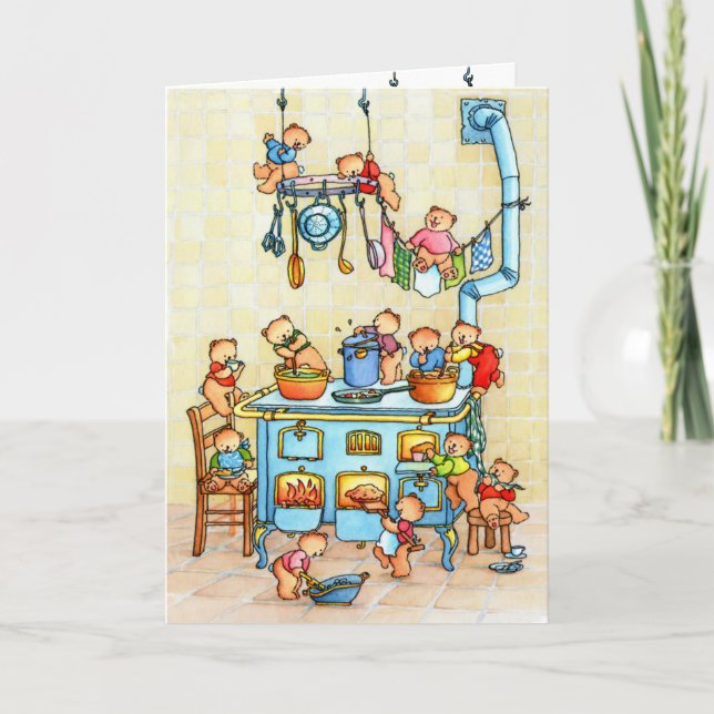 Cartão Teddy Bears Cooking in Kitchen Childrens Card (Frente)