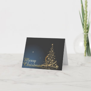 Cartão Tema de Natal Azul com Árvore de Natal Dourada