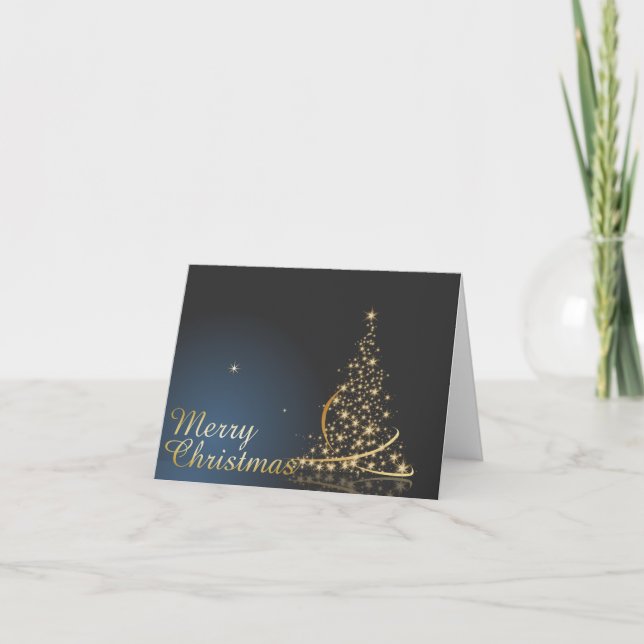 Cartão Tema de Natal Azul com Árvore de Natal Dourada (Frente)