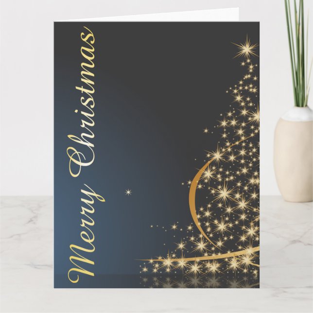 Cartão Tema de Natal Azul com Árvore de Natal ouro (Frente)