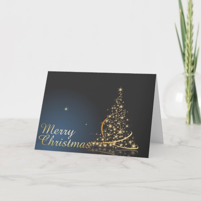 Cartão Tema de Natal Azul com Árvore de Natal ouro (Frente)