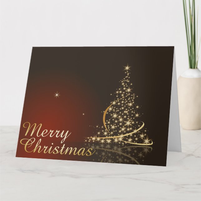 Cartão Tema de Natal Vermelho com árvore de Natal ouro (Frente)