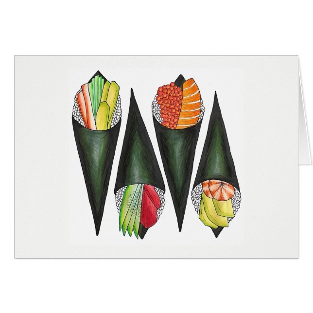 Cartão Temaki Sushi Mão Roll Roll Rolls Japonês Comida Cu (Frente Horizontal)
