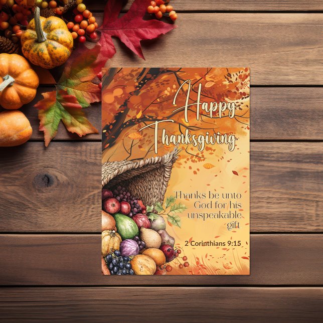Cartão Tempestade Folha 2 Corinthians 9:15 Feliz Ação de  (Leaf storm harvest Bible verse Thanksgiving Card)