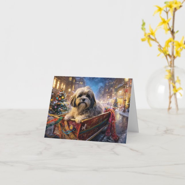 Cartão Temporada Festiva de Natal do Lhasa Apso (Flor Amarela)