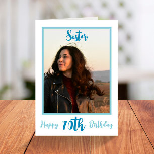 Cartão Tendy Sister 70 Birthday Blue Script Photo