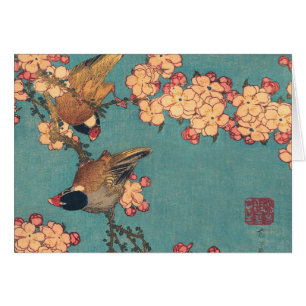 Cartão Tentilhão-de-bico-grosso de Hokusai e Flor de Cere